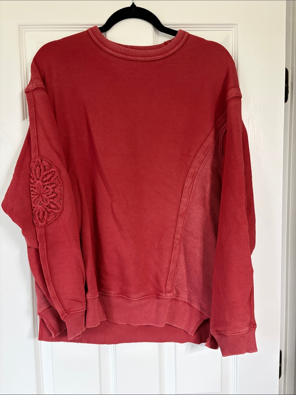 Aerie Women’s Rust Red Crewneck Sweater with Embroidered Elbow Detail